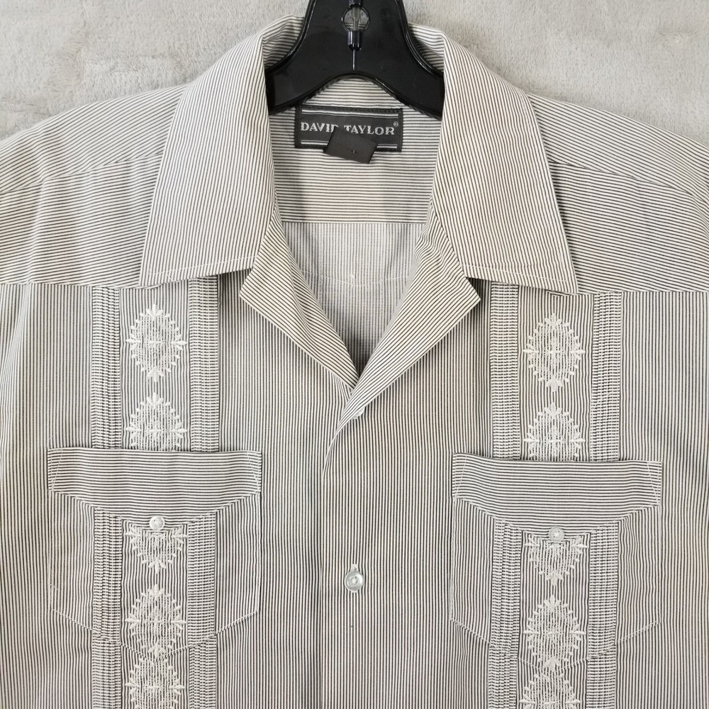 Vtg David Taylor Guayabera Shirt M Gray White Striped Embroidered Camp Sears